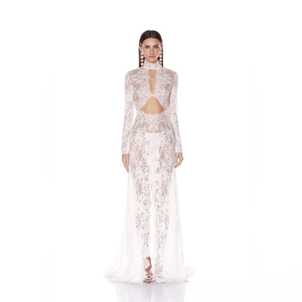 NWOT BRONX AND BANCO Eleanor Sheer Long Sleeve High Slit White Lace Wedding Gown - Picture 5 of 16
